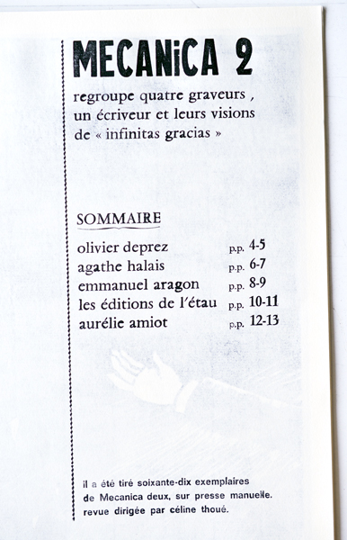 M'attends me fantasme, Emmanuel Aragon, deux planches imprimées en linogravure, in Revue Mecanica n°2, revue biannuelle de gravure et d'impression dirigiée par Céline Thoué, juillet 2014